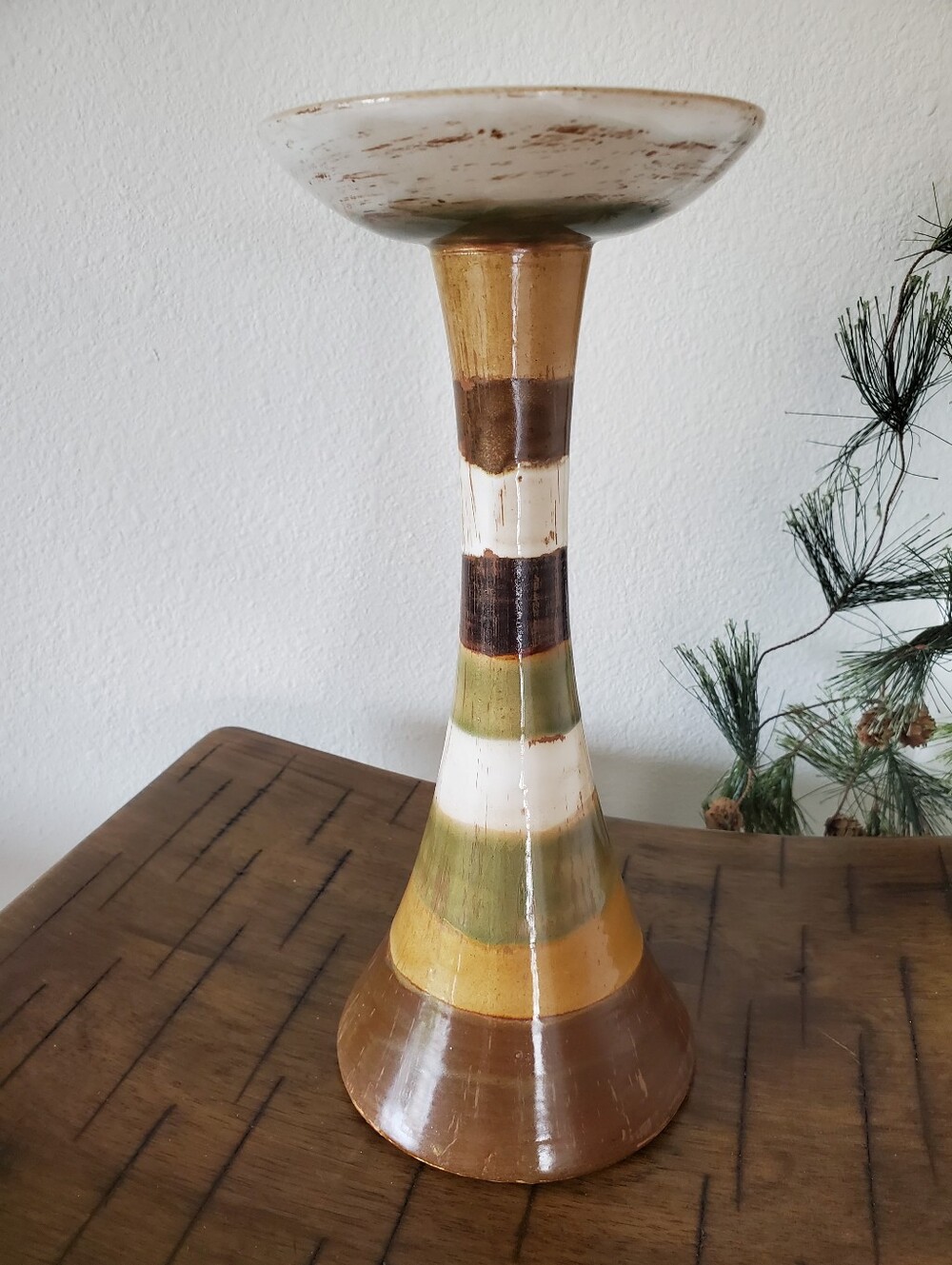 Vintage MCM Striped Ceramic Pillar Candle Holder Retro Earth Tone Pottery Boho